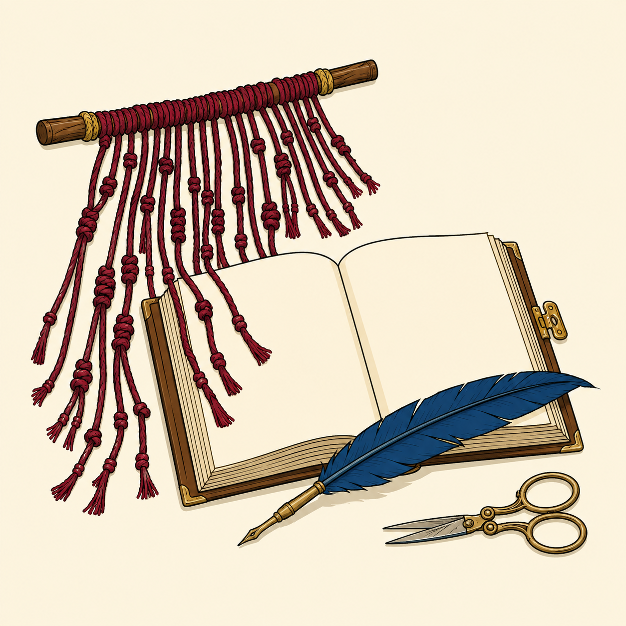 Un quipu bordeaux rejoint un livre ouvert aux pages vierges ; une plume bleue et des ciseaux légèrement entrouverts l’accompagnent.