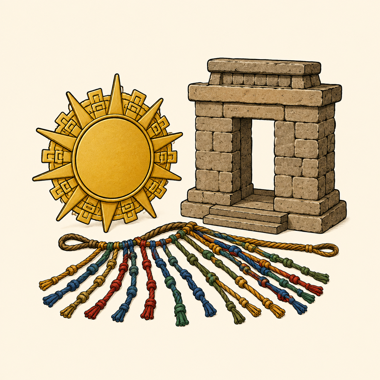 Un disque solaire doré et une porte de temple se dressent au-dessus d’un quipu multicolore.