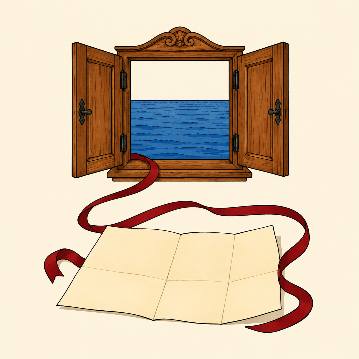 Un ruban rouge relie une fenêtre ouverte sur la mer bleue à une lettre dépliée sans texte.