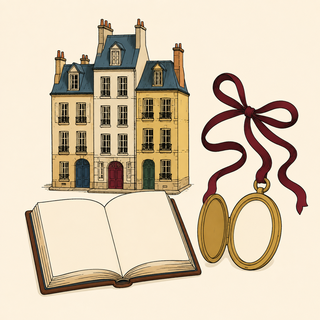 Un livre ouvert et de hautes maisons anciennes accompagnent un médaillon vide suspendu à un ruban rouge.