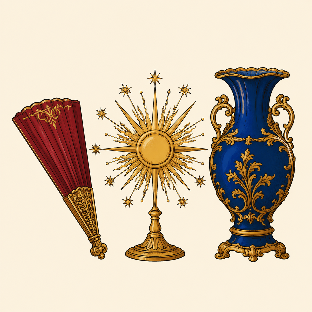 Un éventail rouge légèrement entrouvert, un soleil décoratif doré sur pied et un vase bleu évoquent le luxe du spectacle.