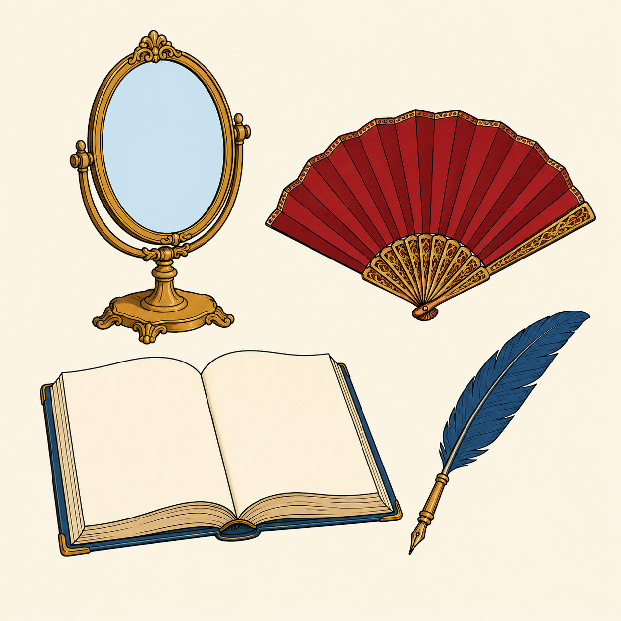 Un miroir ovale et un éventail rouge ouvert accompagnent un livre vierge et une plume bleue.
