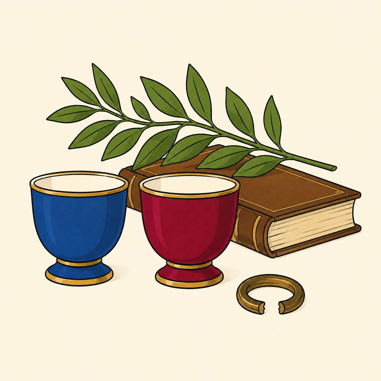 Un maillon rompu accompagne deux coupes égales, un livre fermé et une branche verte.
