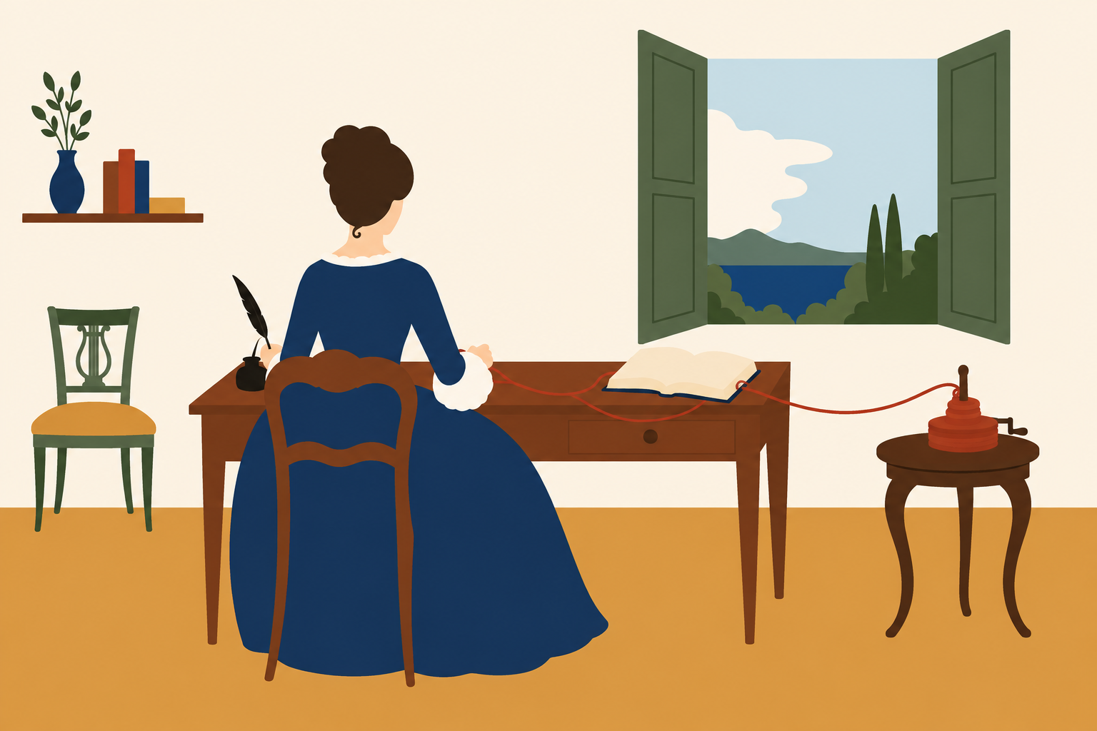 Zilia, vue de dos, écrit dans son cabinet ; un fil rouge relie un quipo à un livre français sans les confondre.