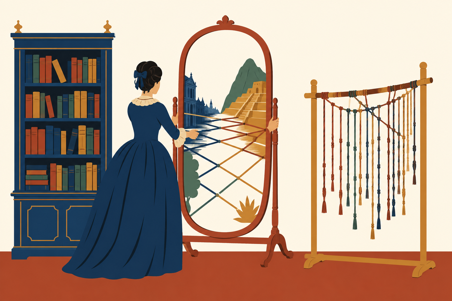 Zilia oriente un miroir entre une bibliothèque française et un râtelier de quipos.