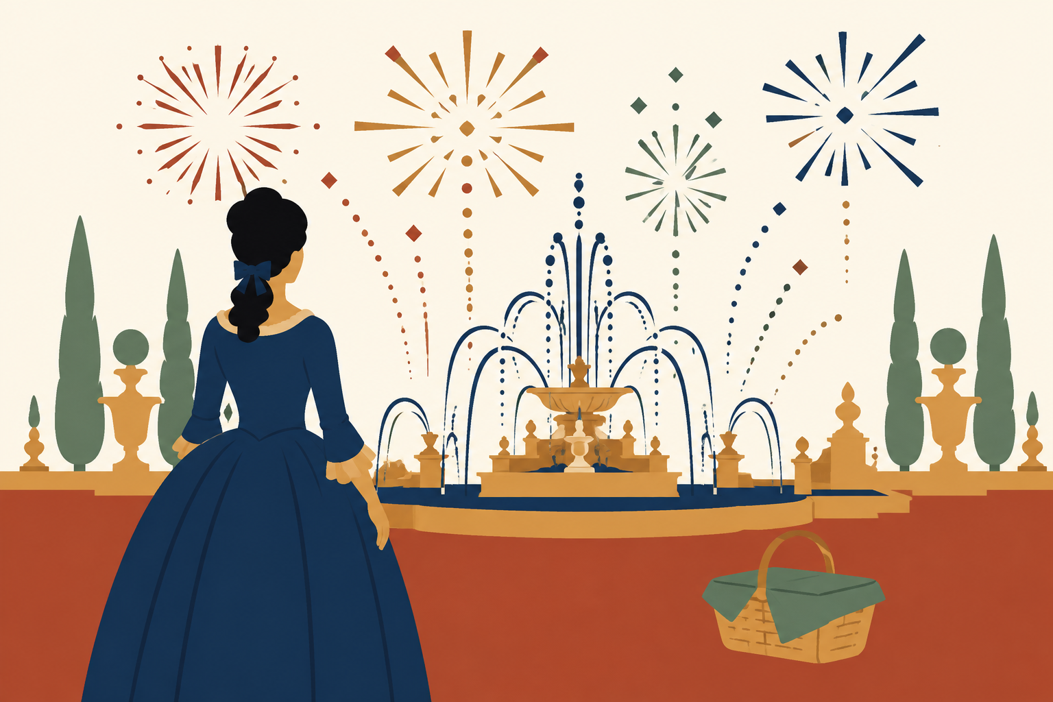 Zilia admire une fontaine et des feux géométriques tandis qu’un panier nécessaire reste en marge.
