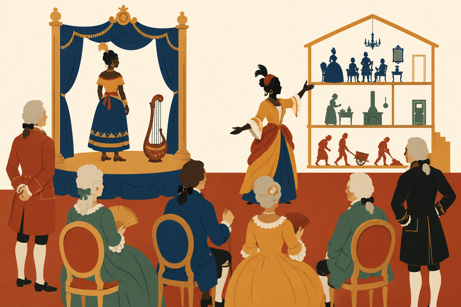 Dans un salon, Zilia se détourne d’une petite scène exotique pour désigner les étages inégaux d’une maison française.