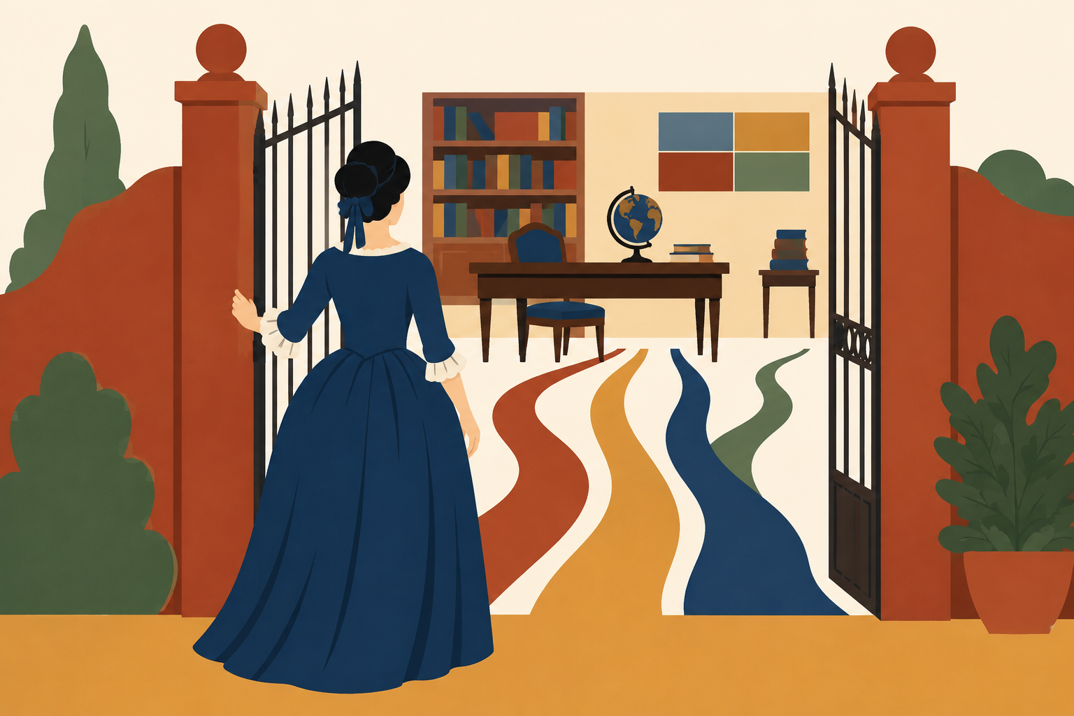 Zilia ouvre elle-même une grille vers une étude et plusieurs chemins colorés.