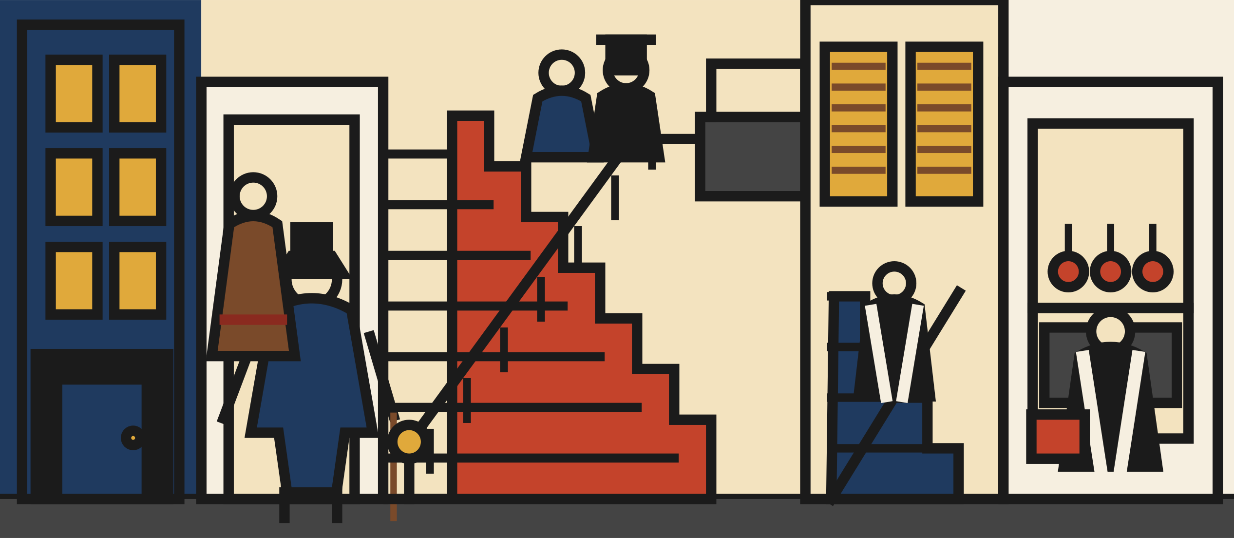 Scène dessinée dans l’immeuble de Pot-Bouille : Octave entre devant le grand escalier ; des persiennes peintes, les paliers, le service et la cuisine organisent l’écart entre apparence et travail.