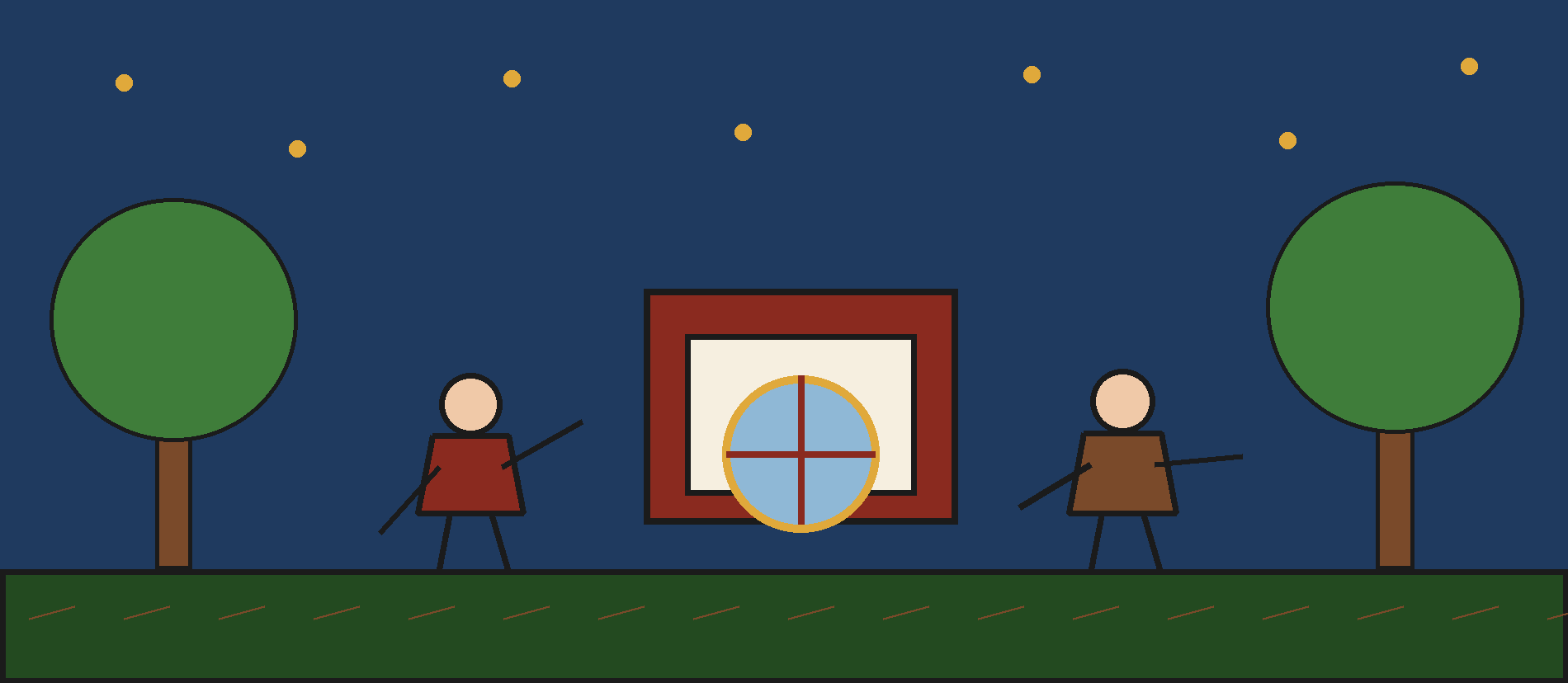 Dans un jardin nocturne, la Marquise et le philosophe sans visage se font face ; entre eux, un petit théâtre ouvert révèle des roues célestes derrière son rideau.