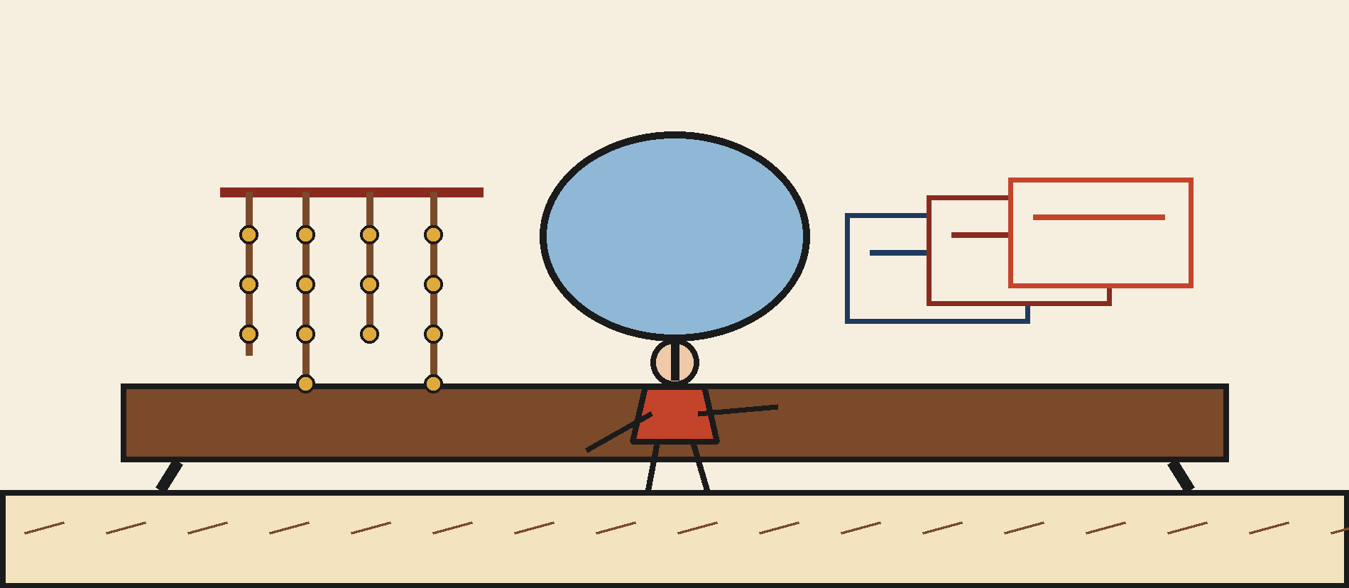 Zilia sans visage relie deux tables : sur l’une, des cordelettes nouées ; sur l’autre, des cartes portant des mots français. Entre les deux, un miroir renvoie le même objet sous deux cadres.