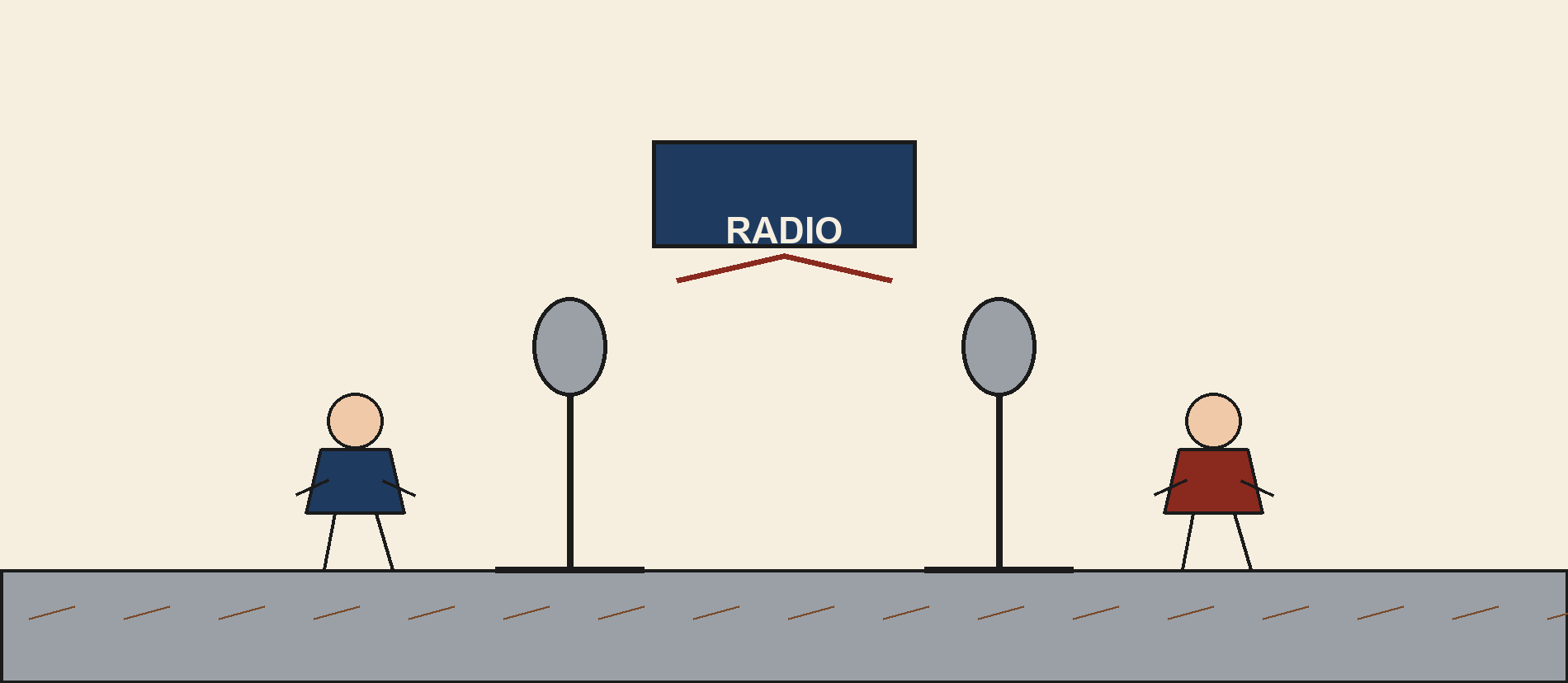 Deux silhouettes sans visage se répondent devant des microphones ; derrière elles, le même espace s’ouvre en plateau nu sans que les ondes sonores changent de direction.