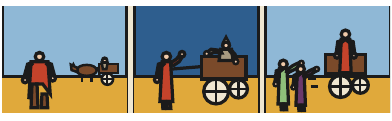 Trois vignettes : Lancelot rejoint la charrette, hésite, puis y monte.