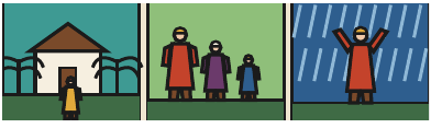 Trois vignettes : une maison, une lignée de femmes et une femme debout sous la pluie.